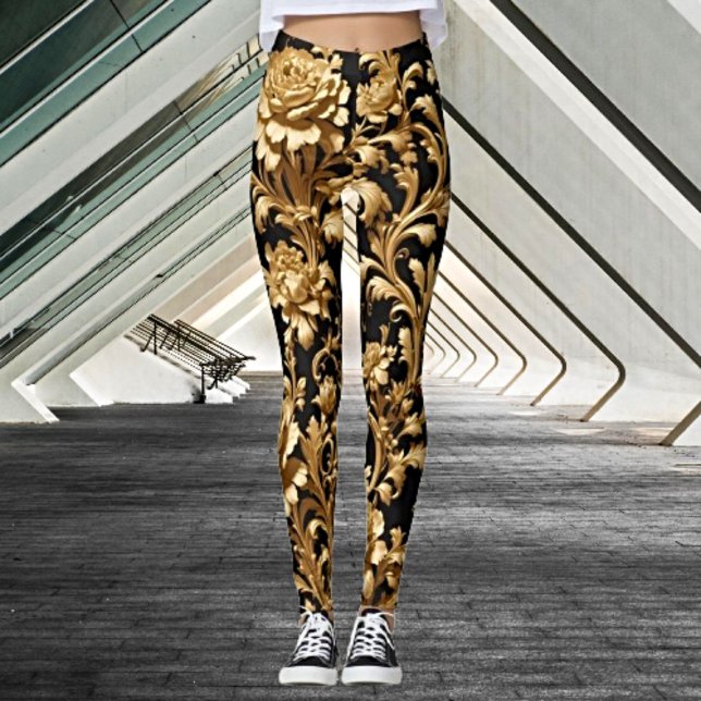 Leggings Élégance d'Embrasser : Floral noir et or (Créateur téléchargé)