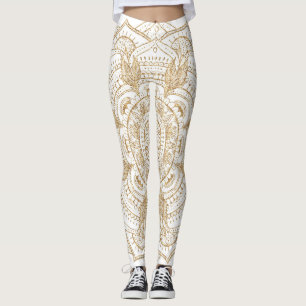 Leggings Elégant blanc & or Mandala conception main dessiné