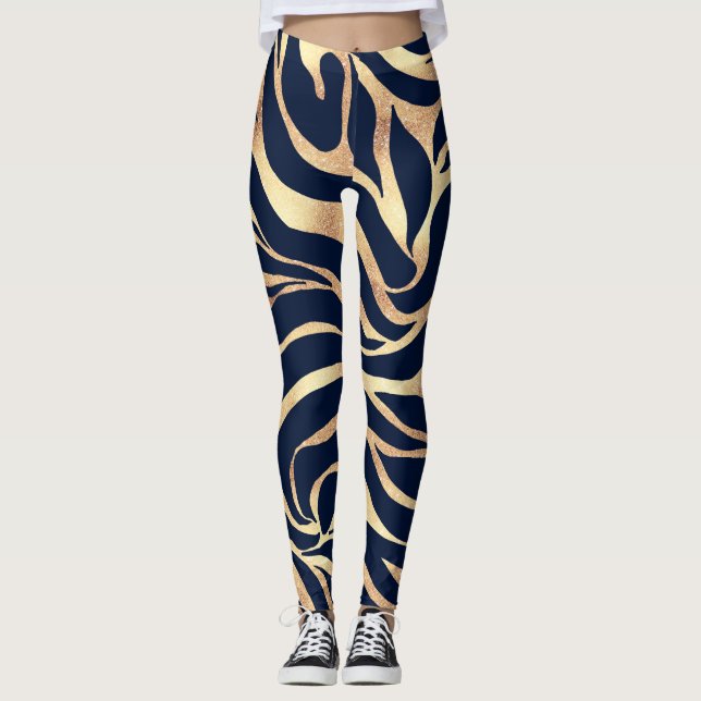 Leggings Elégant bleu marine Gold Zebra Imprimer (Devant)