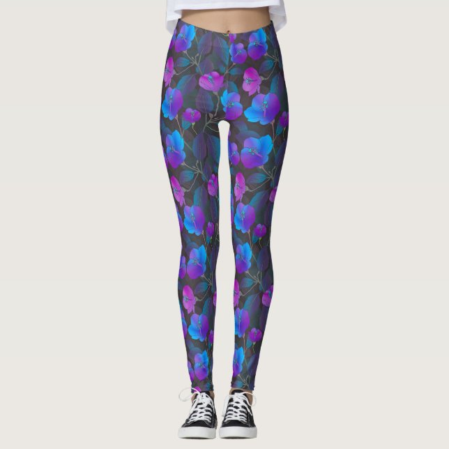 Leggings Elégant bleu violet rose Fleurs (Devant)