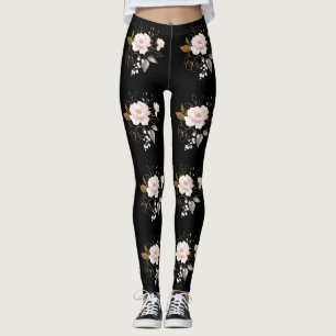Leggings Elégant Delicate Rose Gold Flowers Motif noir