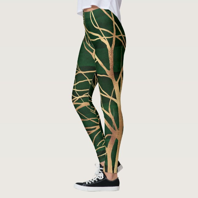 Leggings Elégant dessin d'arbre d'automne en or vert (Gauche)