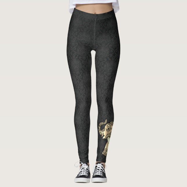 Leggings Elégant Eléphant Floral Paisley Or, Damas Noir (Devant)