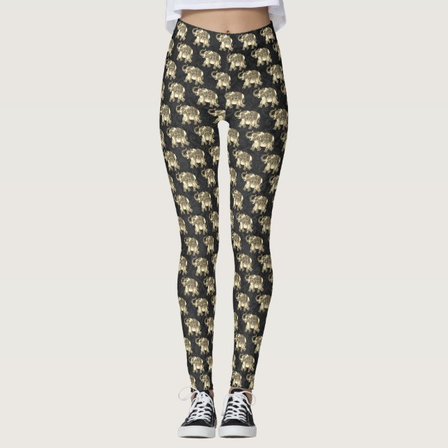 Leggings Elégant Eléphants Floraux Paisley Or, Damas Noir (Devant)