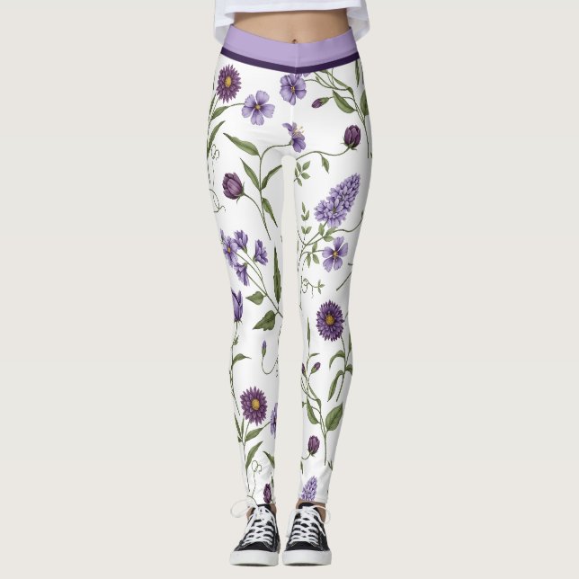 Leggings Élégant floral botanique violet avec taille haute (Devant)