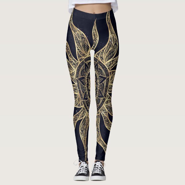Leggings Elégant Gold Sun Mandala Blue Nebula Design (Devant)