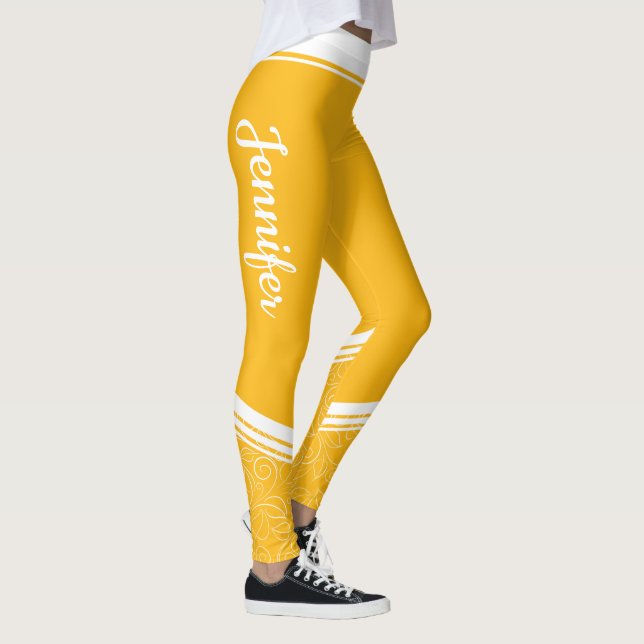 Leggings Élégant jaune foncé rayures blanches fleuries et n (Droite)