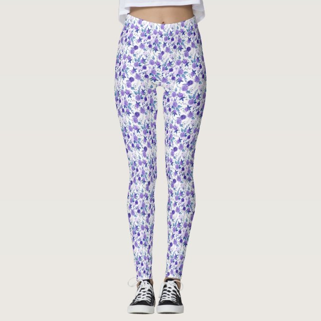 Leggings Élégant Lilac Violet Floral Sur Blanc (Devant)