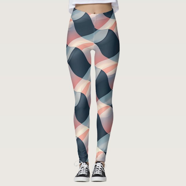 Leggings Élégant Motif 3D Wave en Turquoise, Rose et crème (Devant)