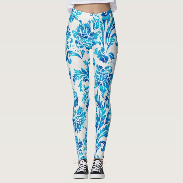 Leggings Élégant motif de Damas bleu foncé (Devant)