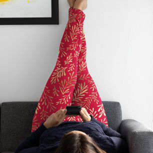 Leggings Elégant Motif de luxe Rouge Gold Leaf