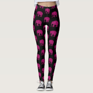 Leggings Élégant motif éléphant rose chaud scintillant noir