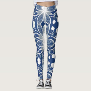 Leggings Elégant Motif en tissu blanc floral sur le bleu pr