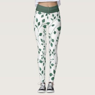 Leggings Élégant Motif feuille blanche et verte Imprimer