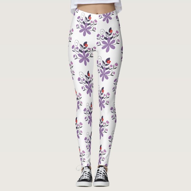 Leggings Élégant motif floral violet violet gris rouge (Devant)