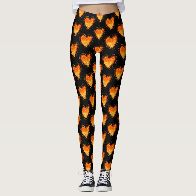 Leggings Élégant Noir Orange Coeur Valentines motif (Devant)