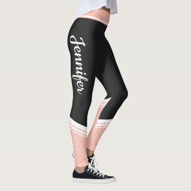 Leggings Élégant noir & rose floral blanc rayures et nom (Droite)