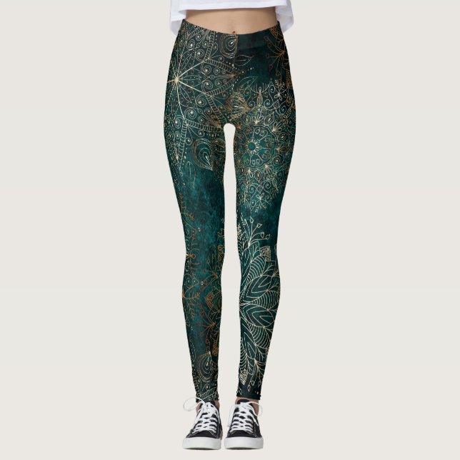 Leggings Elégant or et Turquoise vert Floral Mandala Motif (Devant)