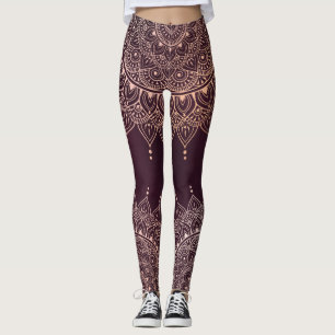 Leggings Elégant or Rose sur la Bourgogne Floral Henna Mand