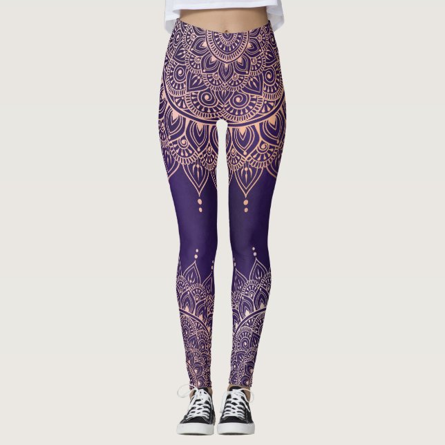 Leggings Elégant or Rose sur purple Floral Henna Mandala (Devant)