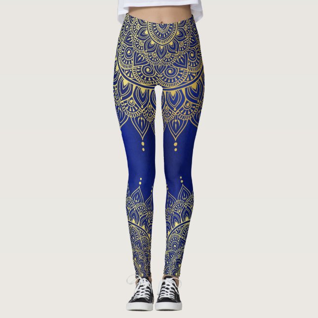 Leggings Elégant or sur Deep Blue Floral Henna Mandala (Devant)