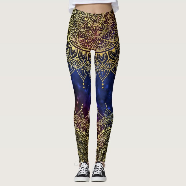 Leggings Elégant or sur Nebula foncé Floral Henna Mandala (Devant)