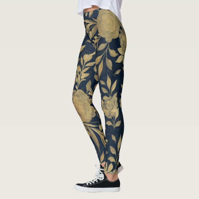 Leggings Elégant Roses d'or Floral Marine-Blue Design (Gauche)