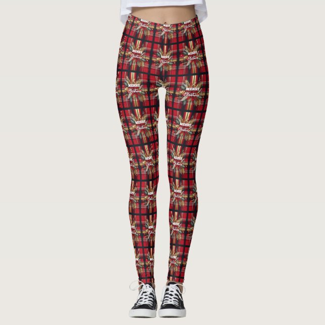 Leggings Élégant rouge et or Festif Plaid (Devant)