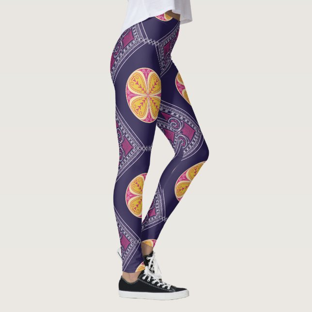 Leggings Élégant tissu pourpre avec motif floral jaune (Droite)