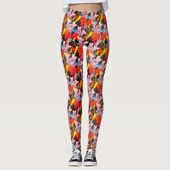 Leggings Élégante Fleur Rouge Jaune Et Bleue (Devant)