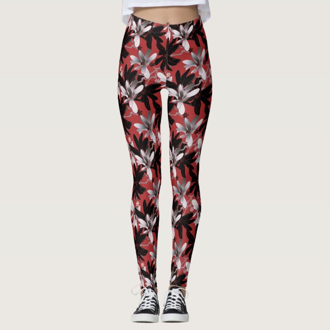 Leggings Elégante Fleurs d'Argent Noir Blanc Bourgogne (Devant)