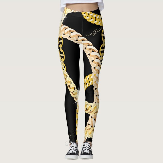 Leggings Élégantes chaînes noires et dorées (Devant)