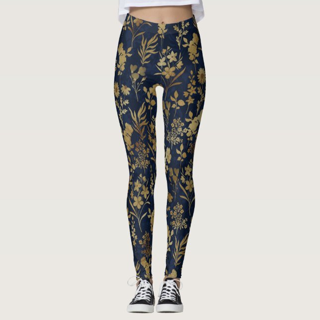 Leggings Élégantes Fleurs d'or Bleu Botanique (Devant)