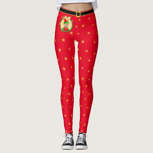 Leggings elfe de Noël, couronne de pin & étoiles en rouge (Devant)