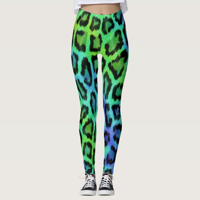 Leggings Empreinte de léopard bleu vert (Devant)