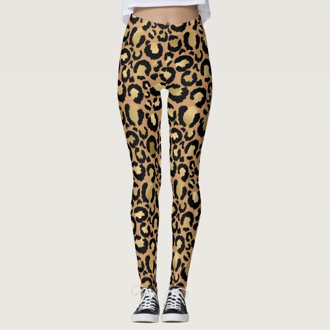 Leggings empreinte de léopard branché avec feuille d'or (Devant)