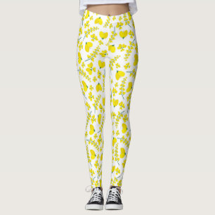 Leggings Empreinte florale en forme de coeur jaune sur blan