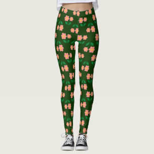 Leggings Empreinte florale rose et orange sur vert riche