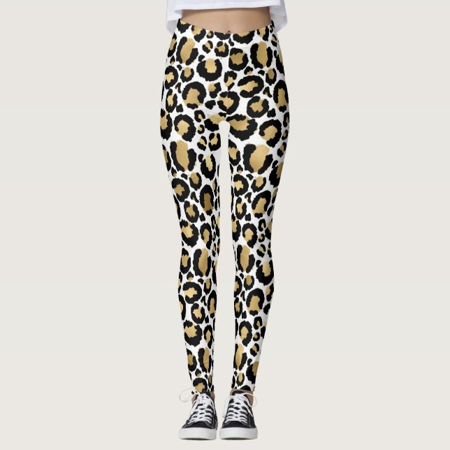 Leggings empreintes de léopard en or, blanc et noi (Devant)