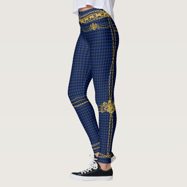 Leggings Empress Gold Chain Emblem Black Blue Houndstooth (Gauche)