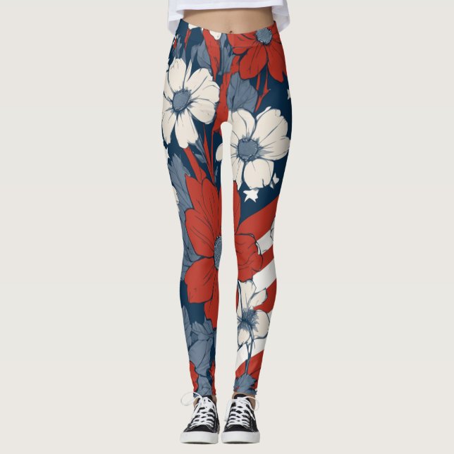 Leggings encollés floraux patriotiques pour 4 juil (Devant)