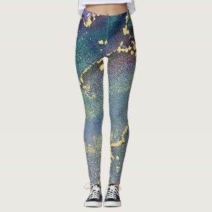 Leggings Encre d'alcool Abstraite Liquid Art Turquoise & Or