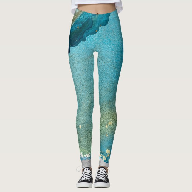 Leggings Encre d'alcool Abstraite Riche Turquoise & or (Devant)