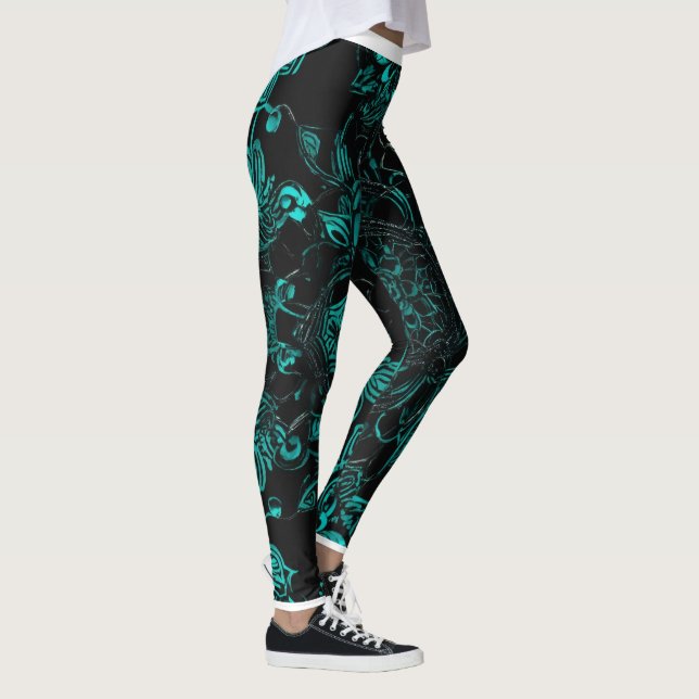 Leggings "Essence Turquoise sur Noir : Impression Écran Des (Droite)