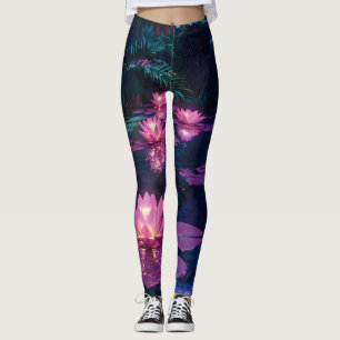 Leggings Étang de lotus rose de la nature zen de minuit