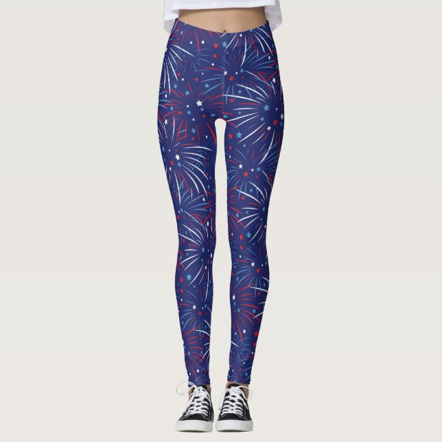 Leggings Étoiles bleues blanches rouges de feux d'artifice (Devant)