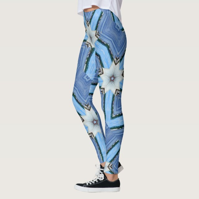 Leggings étoiles de fleurs blanches bleu géométrique (Gauche)