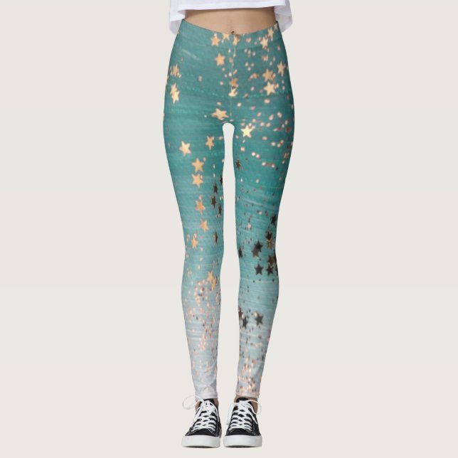 Leggings Étoiles d'or chatoyantes sur Turquoise  (Devant)