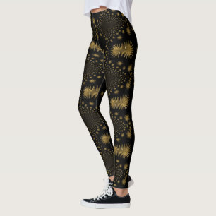 Leggings étoiles d'or fractal, arrière - plan noir