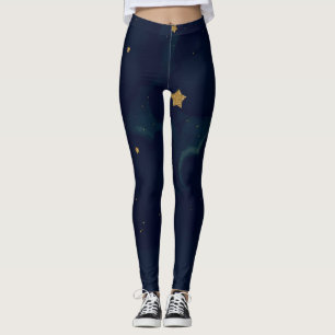 Leggings Étoiles dorées et nuages ciel bleu foncé céleste m